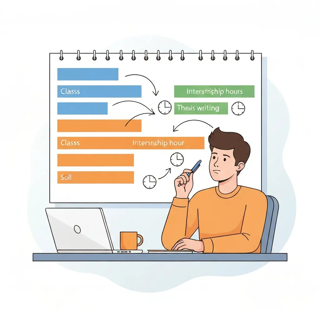 Estudante a planear gestão de tempo para tese com calendário mostrando blocos de aulas, estágio e escrita da dissertação