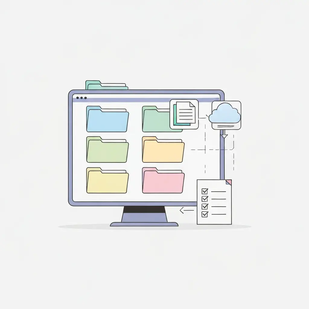 Sistema de organização digital para tese com estrutura de pastas, gestor bibliográfico e backup na cloud representados visualmente