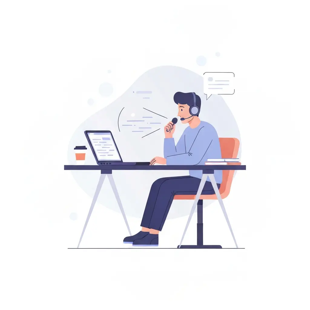 Estudante universitário a usar ditado por voz no laptop com ondas sonoras a representar conversão de voz para texto