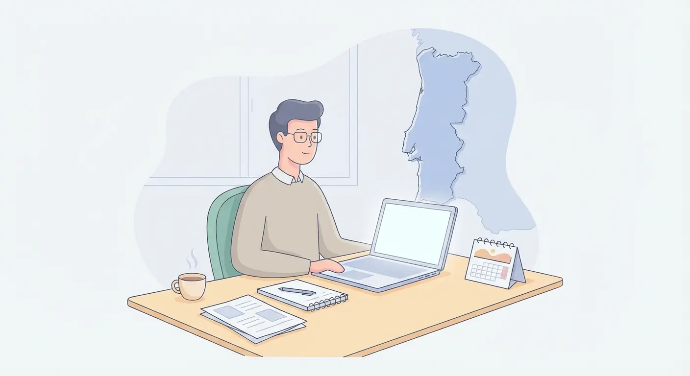 Investigador universitário a planear candidatura a bolsa de doutoramento em Portugal com laptop, calendário e mapa de Portugal