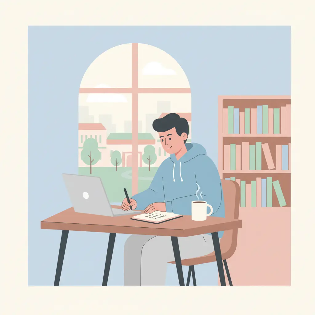 estudante da ULisboa a escrever a tese de mestrado numa secretária com portátil e caderno em ambiente universitário