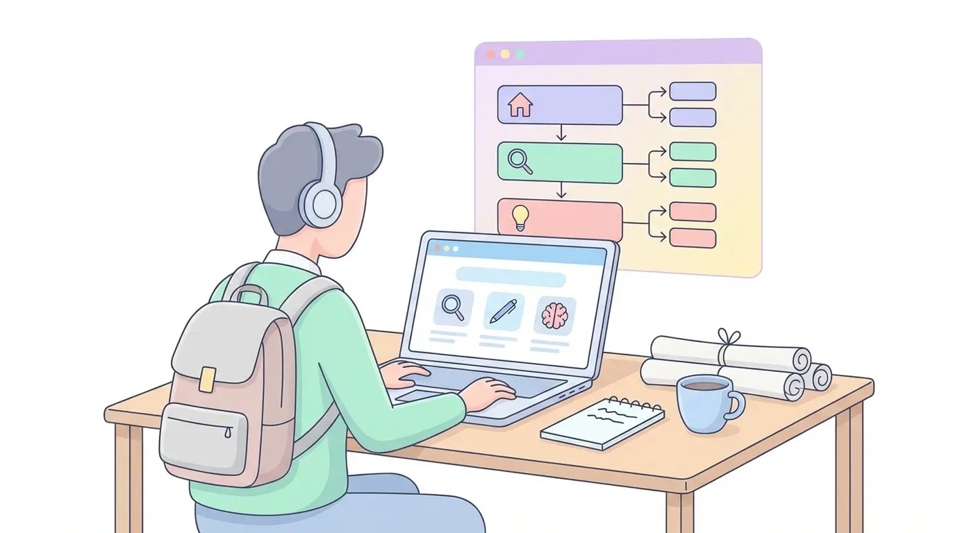 estudante universitário a usar ferramentas IA para tese no computador, com estrutura de capítulos gerada automaticamente