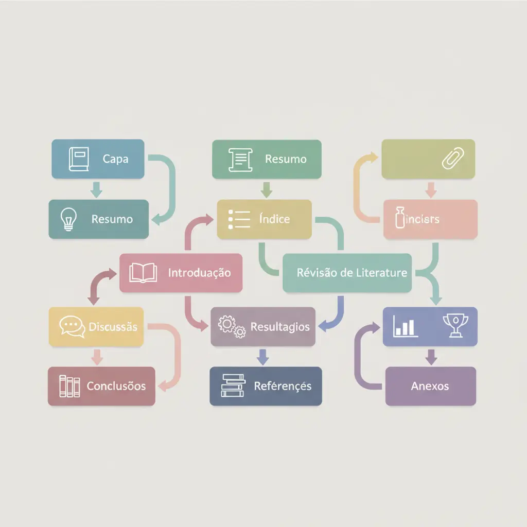 diagrama infográfico com a estrutura completa de uma tese de mestrado em Portugal — capítulos desde a capa até aos anexos