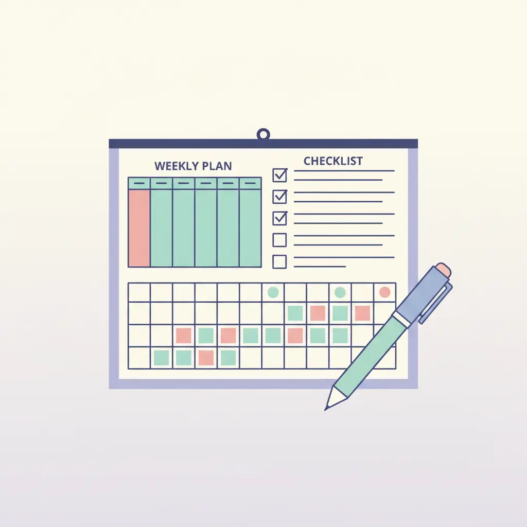 Planeamento semanal com checklist e calendário para estruturar a escrita da dissertação de mestrado passo a passo