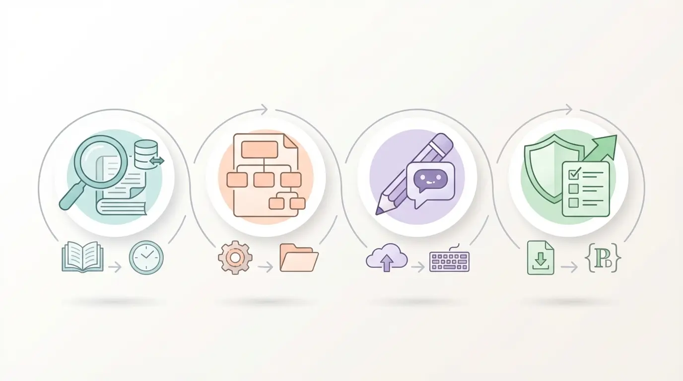 Infográfico das 4 fases da tese com IA — pesquisa, estruturação, escrita e revisão, representação visual passo a passo