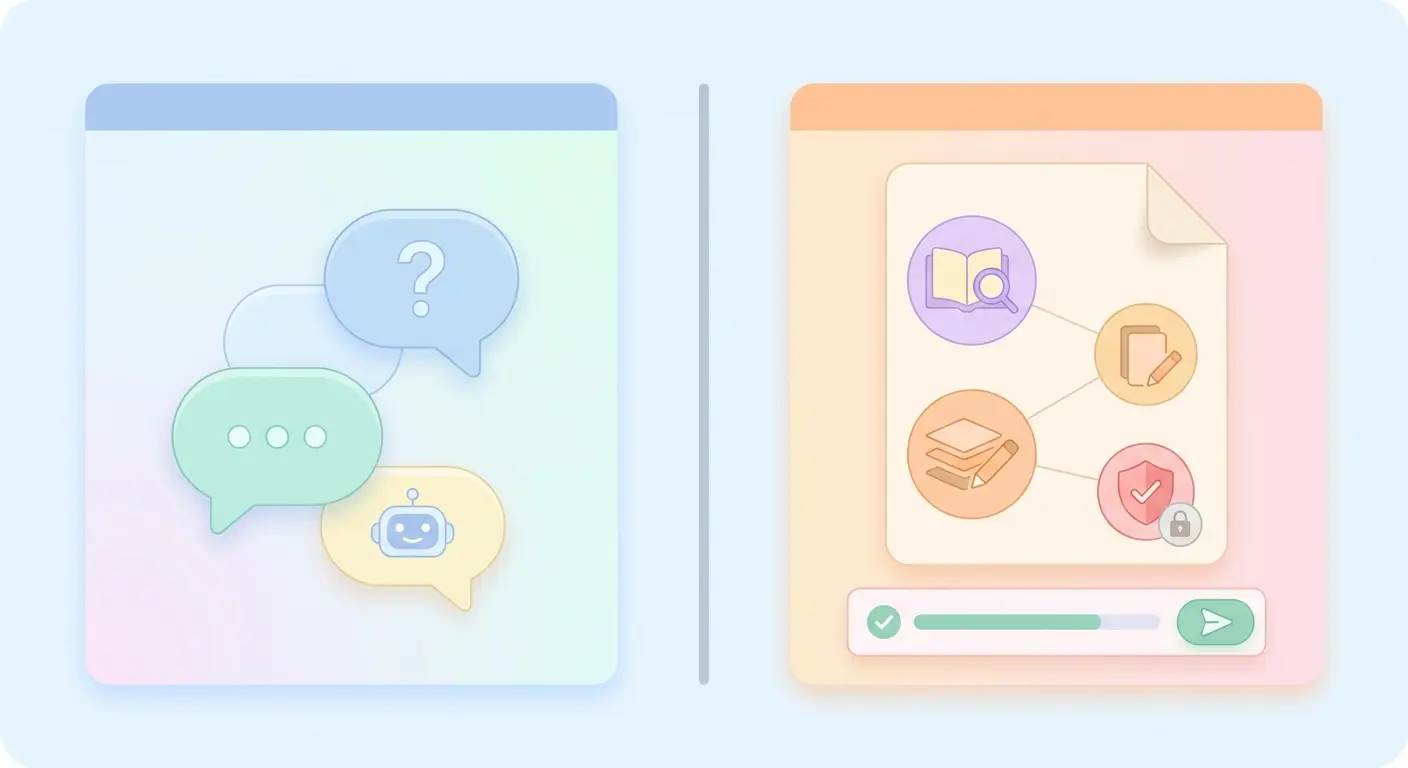 Comparação entre ferramenta IA genérica como o ChatGPT e plataforma especializada para escrever tese com inteligência artificial, mostrando fontes verificadas, templates académicos e verificação de originalidade