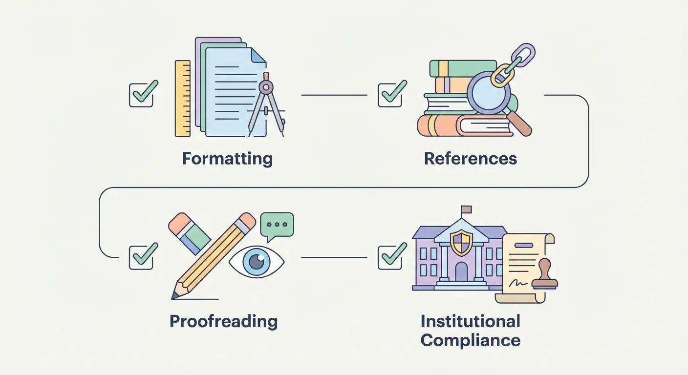 Checklist de verificação final para entrega da tese de mestrado com itens sobre formatação, referências bibliográficas e conformidade com regulamentos institucionais