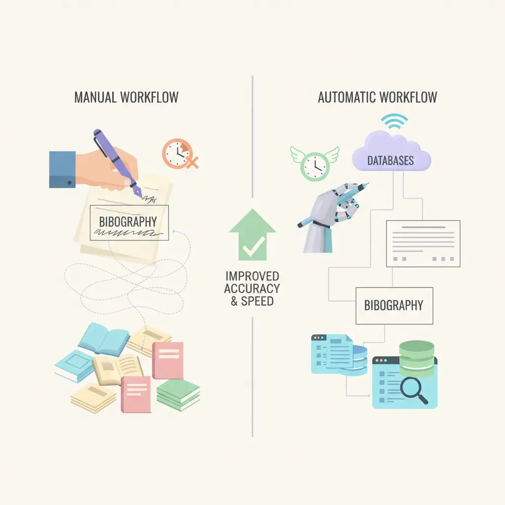 Comparação entre fluxo de referências manuais e automáticas segundo normas APA — ilustração com ícones de artigos, bases de dados e bibliografia gerada automaticamente