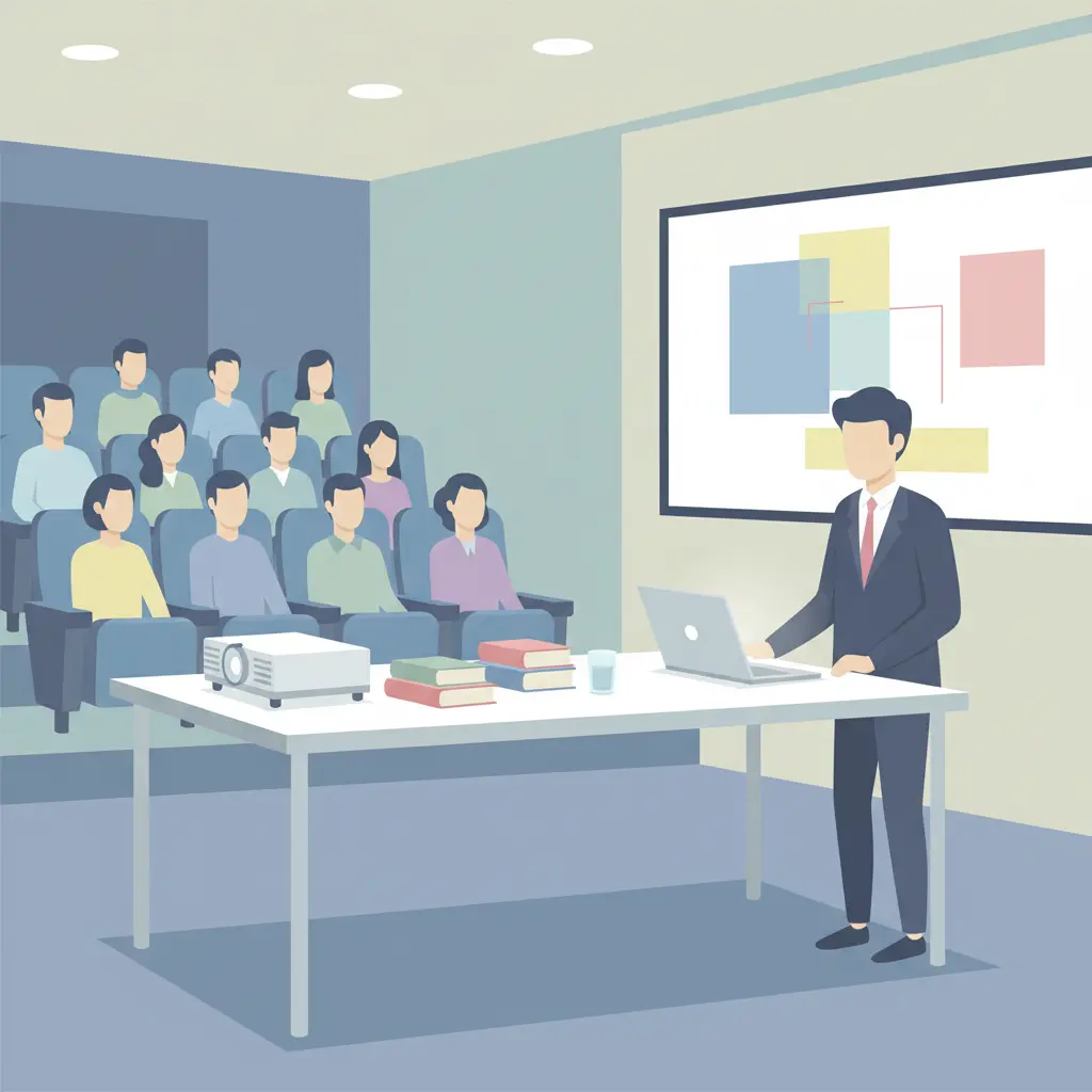 estudante a preparar a defesa da tese de mestrado num auditório com projetor e slides, público ao fundo