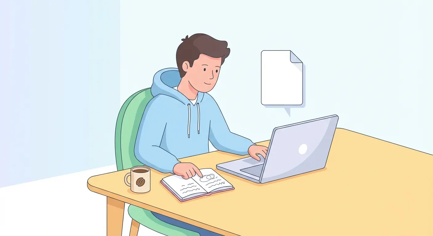 Estudante universitário português a planear a escrita da tese no computador, com caderno de apontamentos e esboço da estrutura