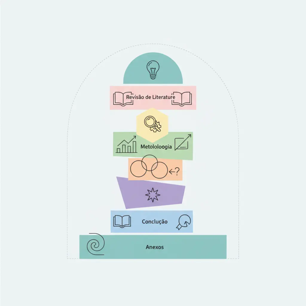 Diagrama visual da estrutura de capítulos de uma tese de mestrado — introdução, revisão de literatura, metodologia, resultados, discussão e conclusão