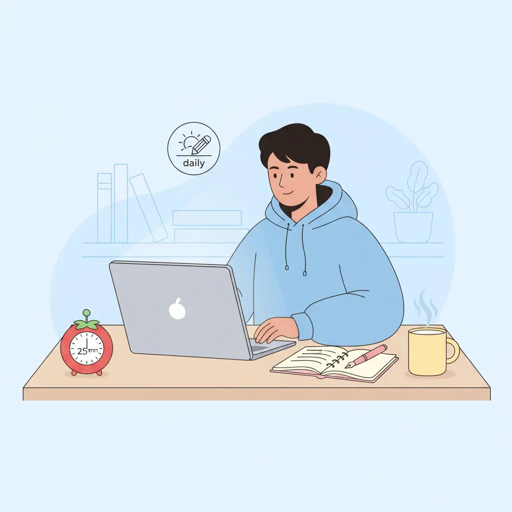 Estudante de mestrado com timer Pomodoro a criar rotina de escrita académica diária para concluir a dissertação