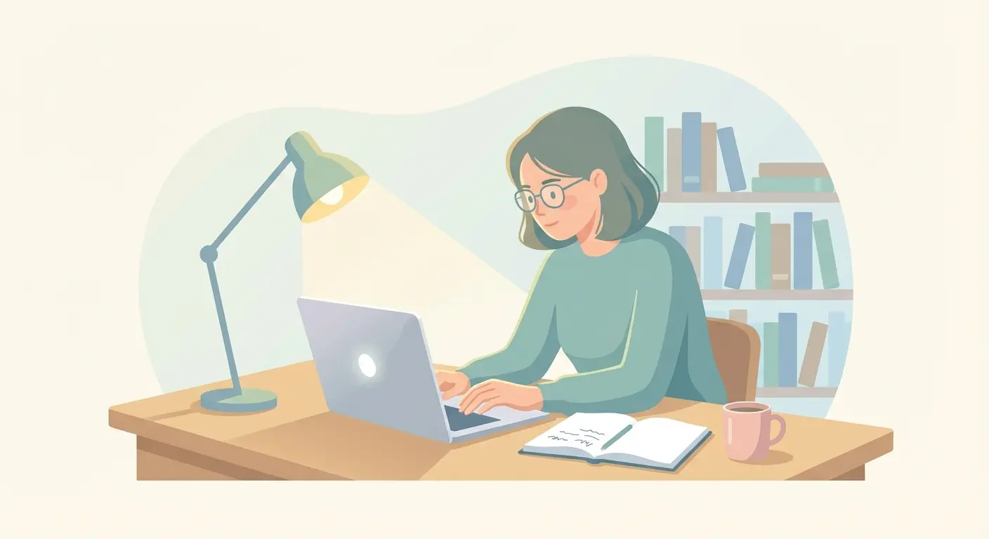 Estudante a escrever a introdução de uma tese num portátil numa biblioteca universitária, ambiente calmo e organizado