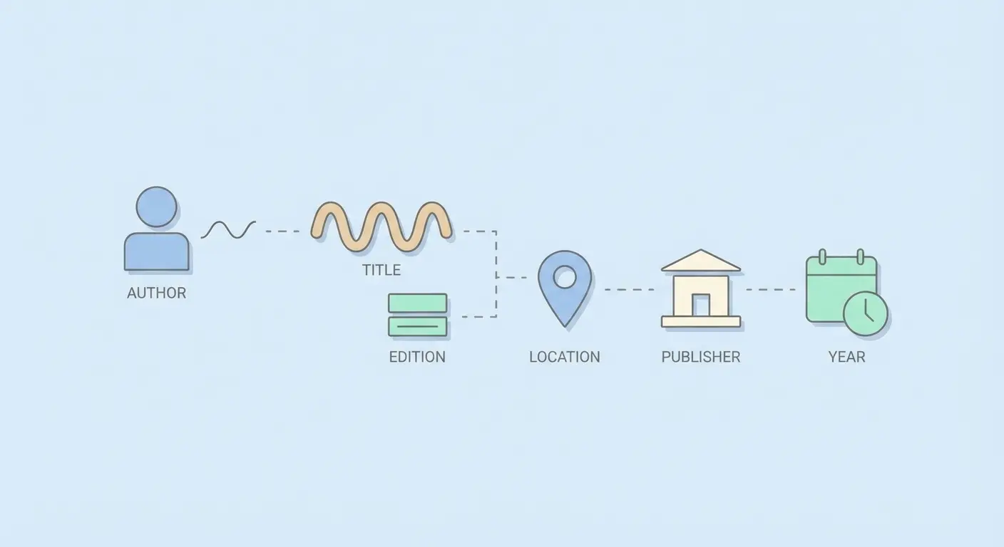 Ilustração da estrutura correta de uma referência bibliográfica ABNT NBR 6023 para livros — autor, título, edição, local, editora e ano
