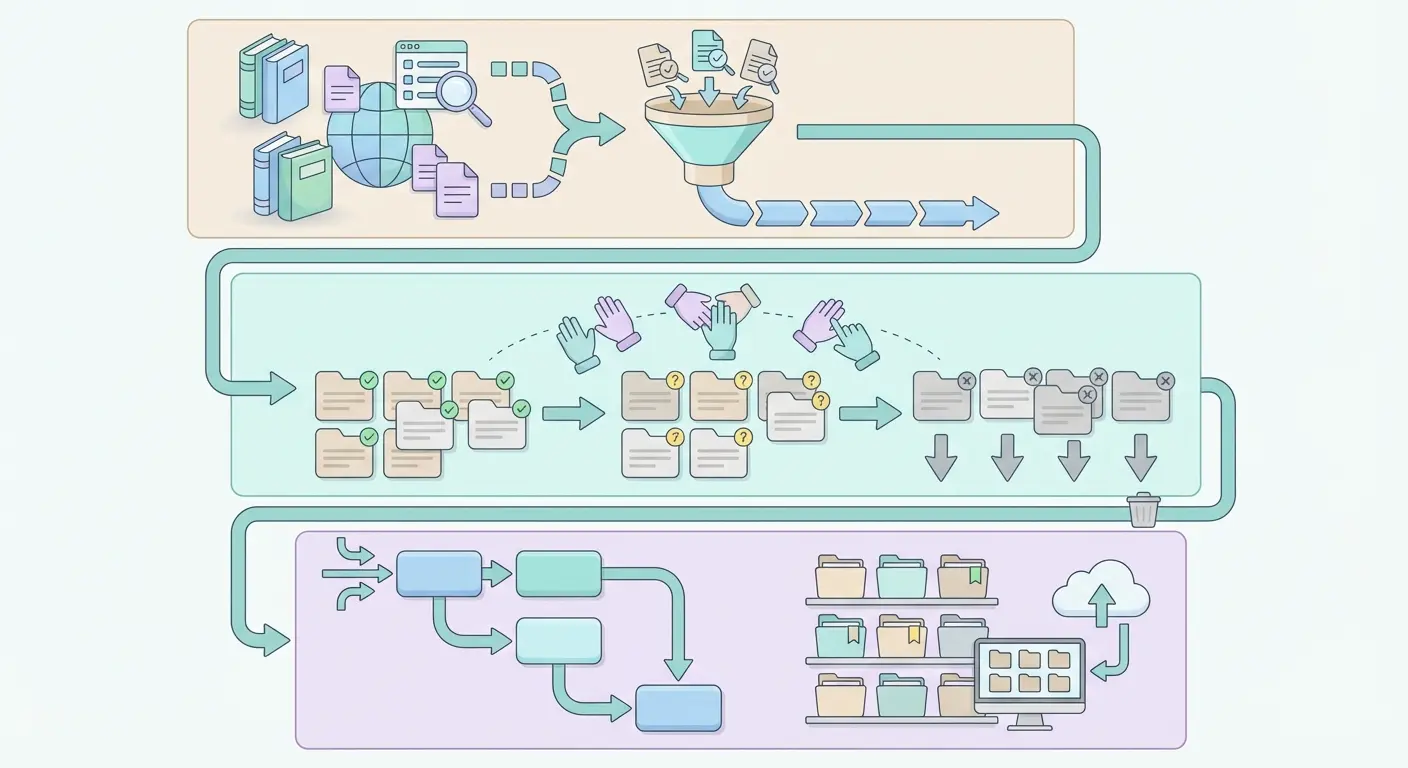 Ilustração vetorial educativa mostrando o fluxo de uma revisão de literatura sistemática: pesquisa em bases, triagem com Rayyan, diagrama PRISMA e gestão bibliográfica com Zotero