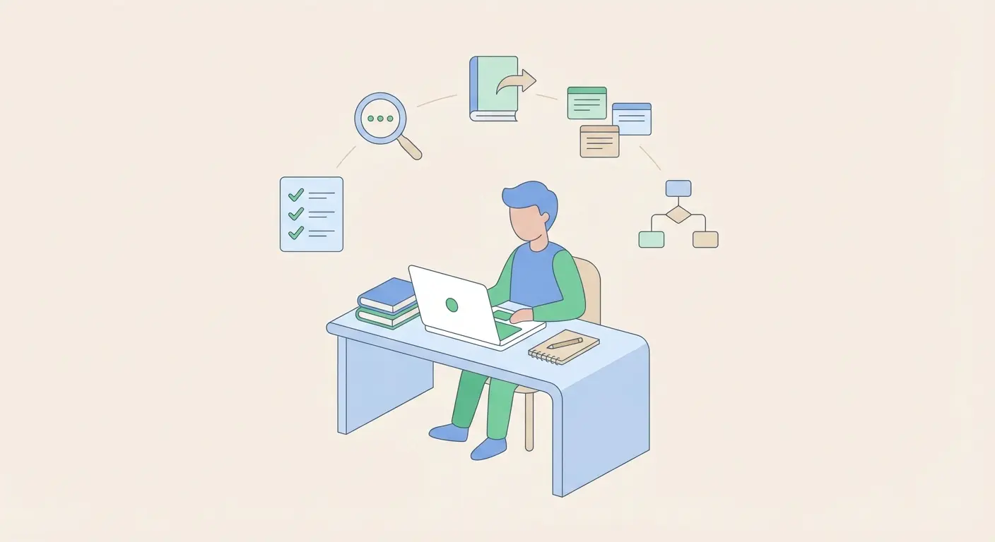 Estudante fazendo revisão bibliográfica para TCC no computador com livros e fichamentos organizados