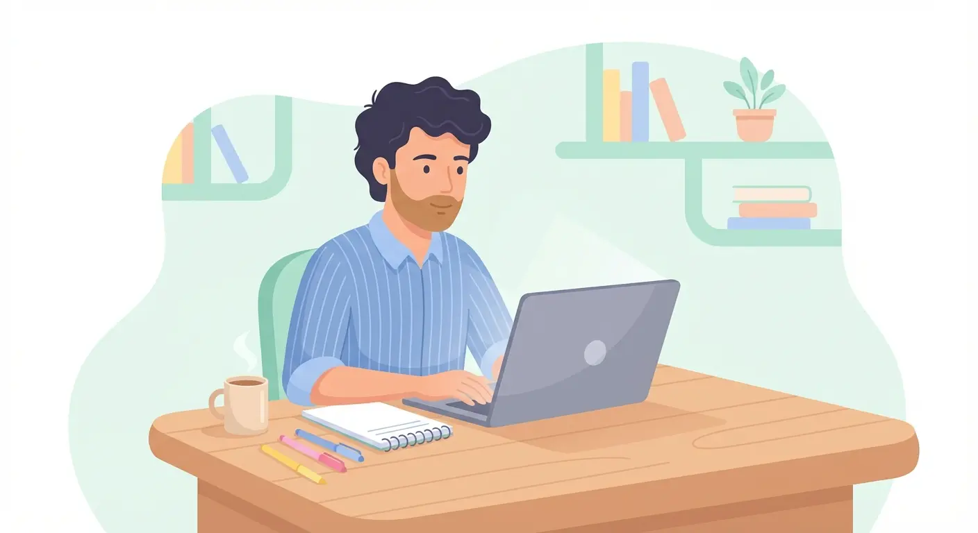 Estudante universitário português a escrever a tese de mestrado num portátil, com caderno e café em cima da secretária