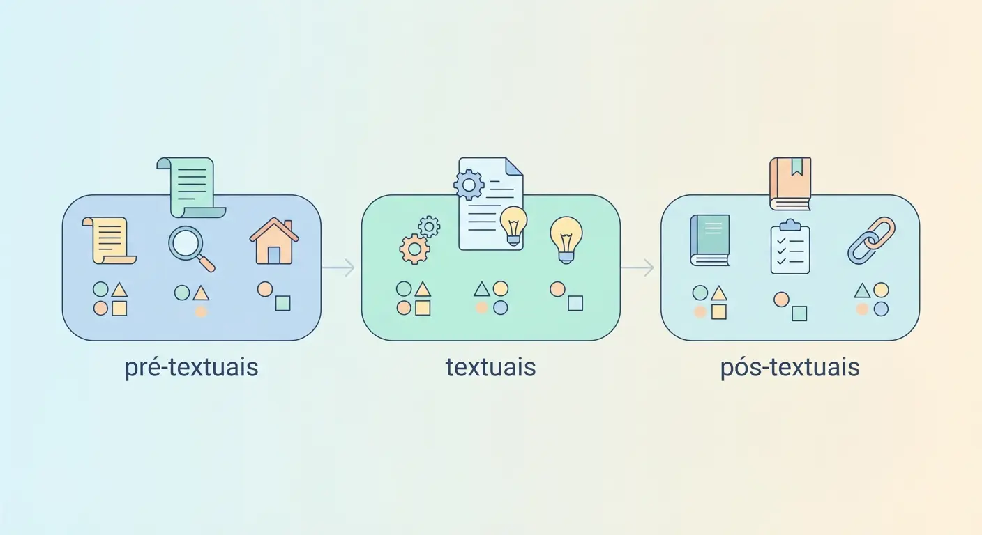 Estrutura ABNT do TCC com elementos pré-textuais, textuais e pós-textuais ilustrados