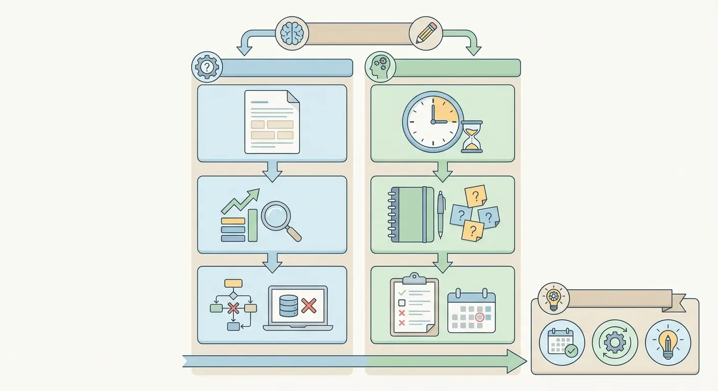 Infográfico do diagnóstico de bloqueio na escrita da tese de mestrado: dimensão técnica e operacional com passos acionáveis