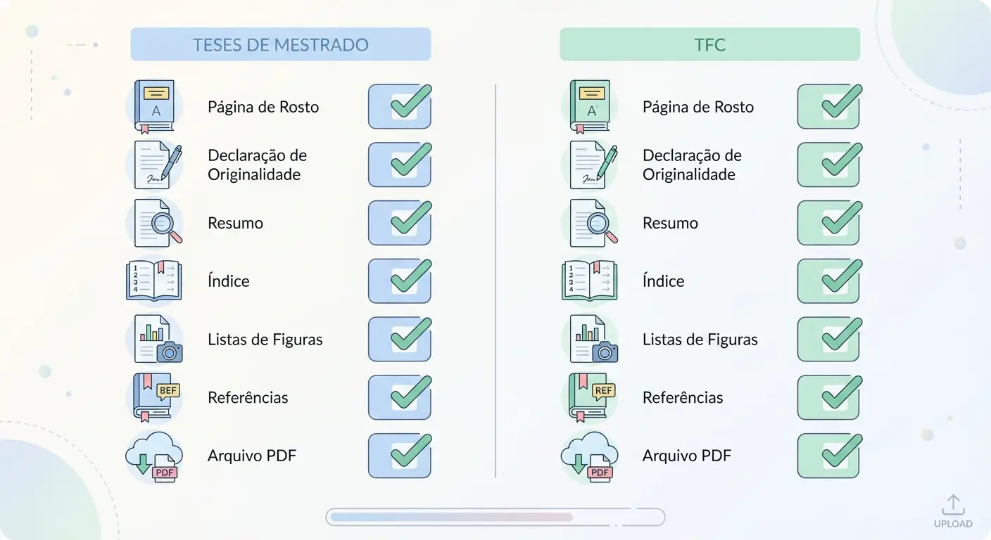 Requisitos formais de tese de mestrado e TFC em Portugal — checklist visual de formatação, citações, declarações e depósito para aprovação