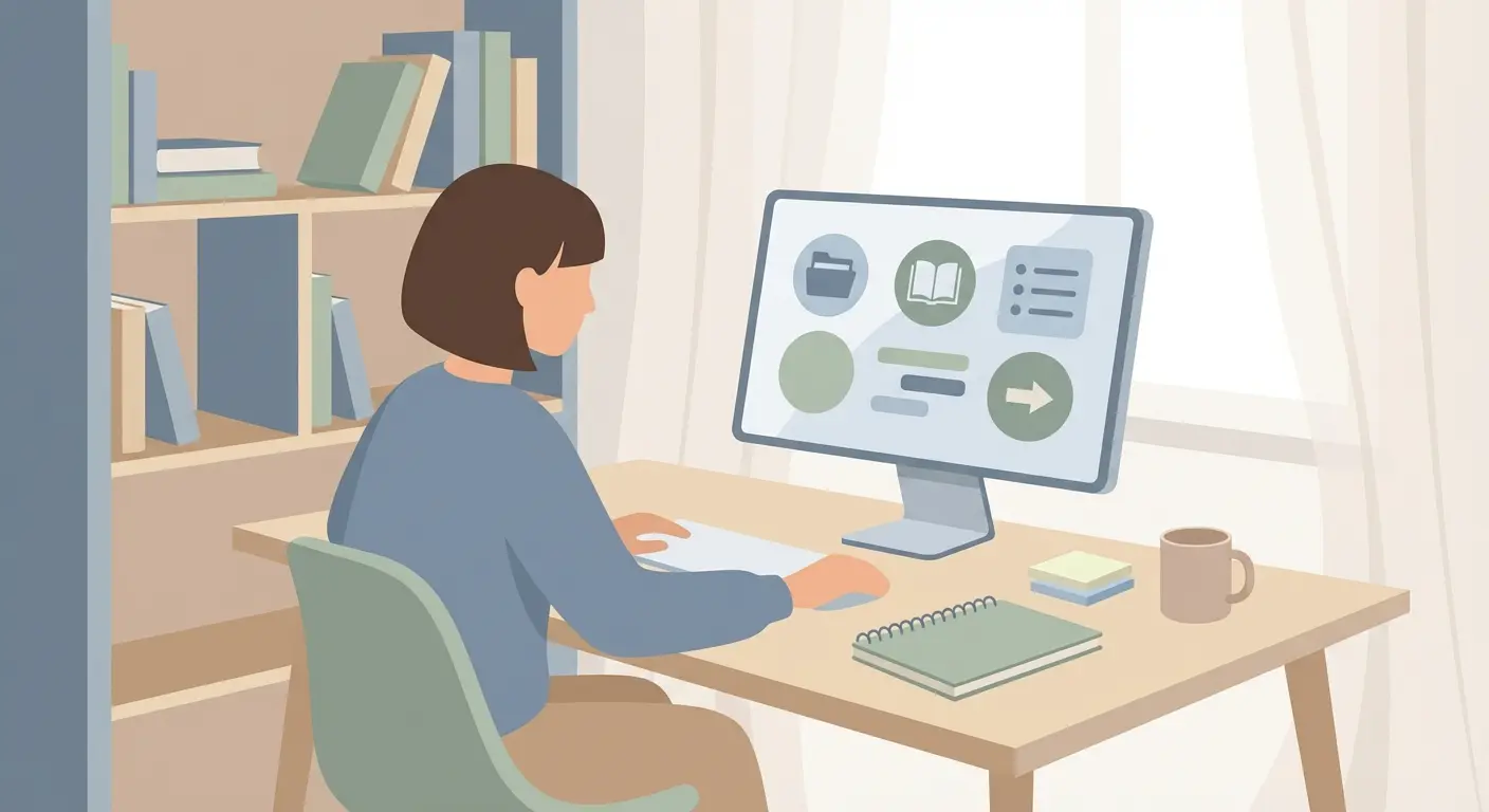 Estudante a organizar referências bibliográficas para a dissertação de mestrado com gestor de referências no computador