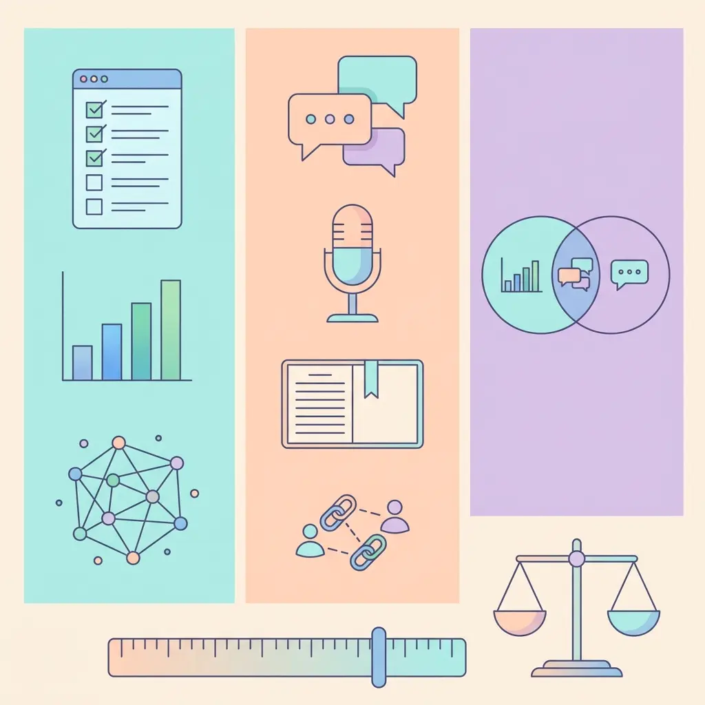 Ilustração vetorial comparativa sobre desenho metodológico e estratégias de amostragem: três colunas visuais representando abordagens quantitativa, qualitativa e mista