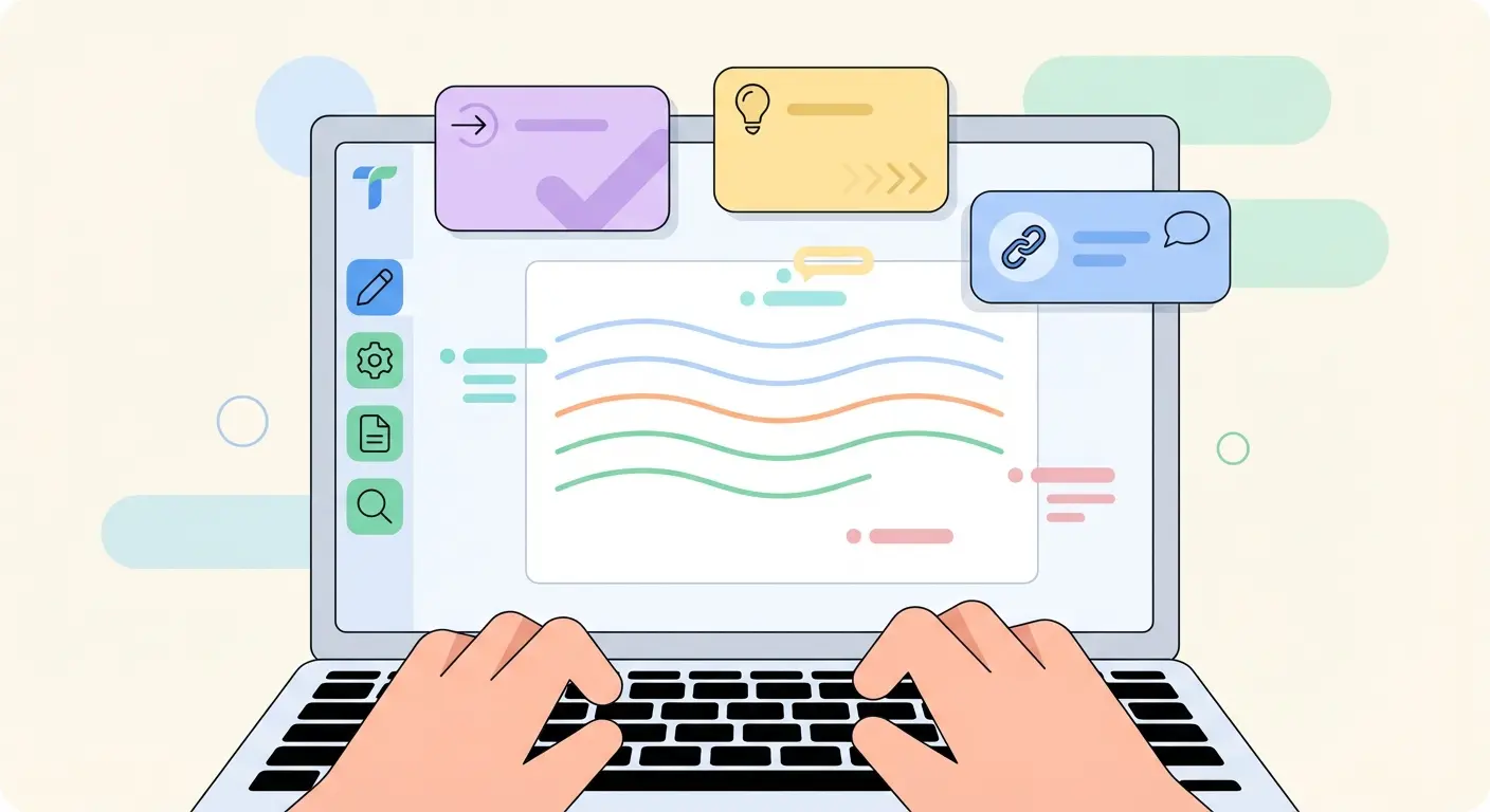 Interface do editor Tesify com inteligência artificial para escrita de tese universitária, mostrando sugestões em tempo real, verificação de coerência e qualidade de linguagem académica