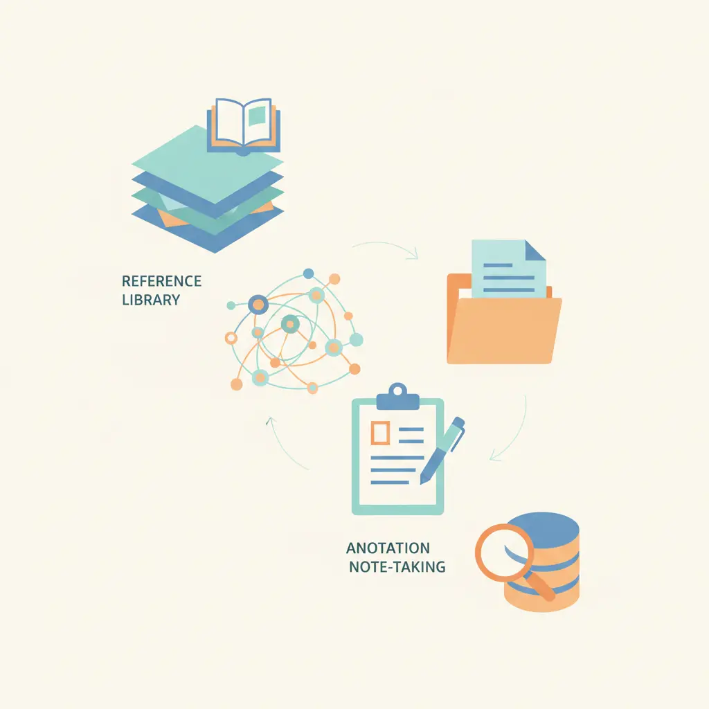 Ilustração de ferramentas de gestão de referências bibliográficas para revisão de literatura — Zotero, Mendeley e fluxo de trabalho académico