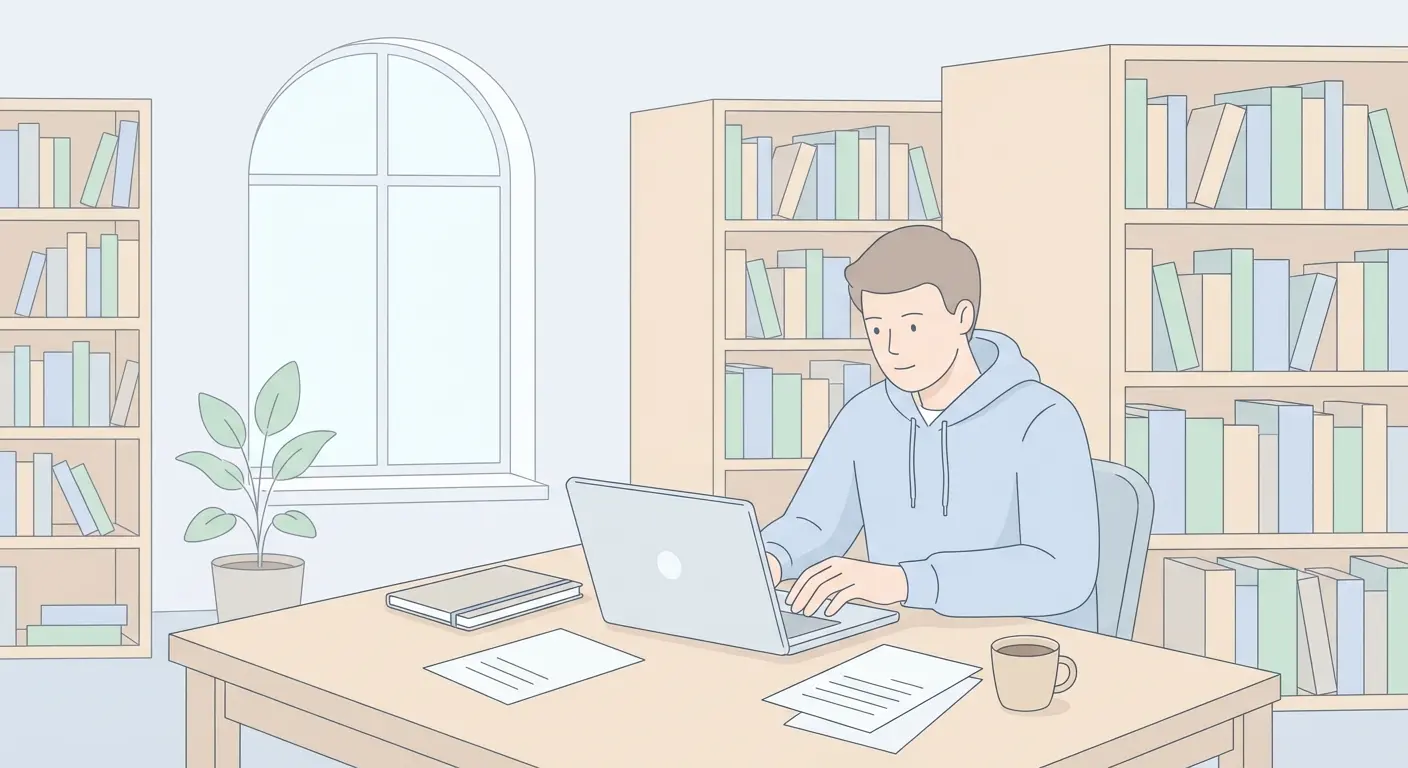 Estudante a escrever tese de mestrado na biblioteca universitária em Portugal, com laptop, caderno e pilha de livros