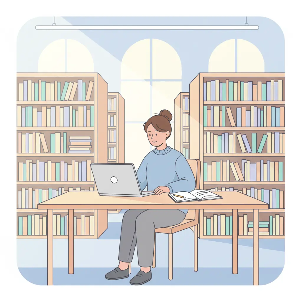 Estudante universitário português a escrever a tese de mestrado no computador na biblioteca