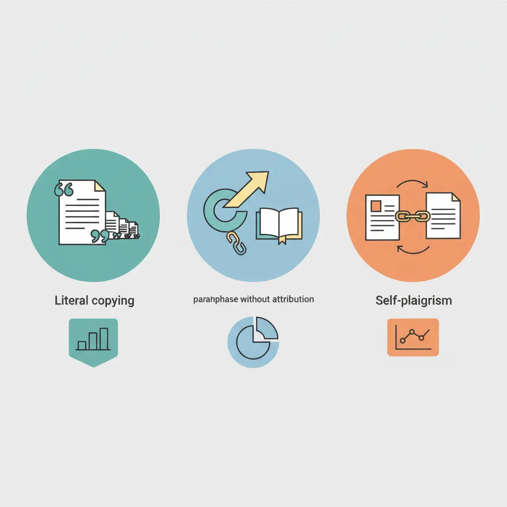 Infográfico visual representando tipos de plágio acadêmico: cópia literal, paráfrase sem atribuição e autoplágio conforme critérios brasileiros