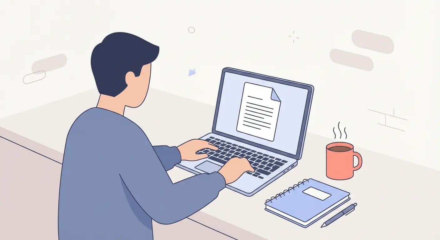 Estudante universitário a escrever a introdução da tese de mestrado no computador, com caderno e café na secretária