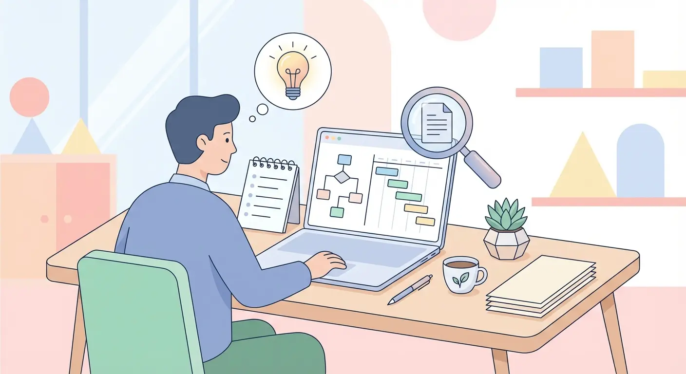 Investigador a estruturar proposta de investigação com diagrama, checklist e cronograma Gantt para bolsa FCT