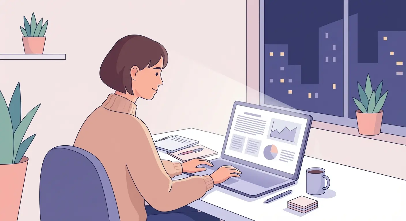 Estudante universitária portuguesa a escrever tese com inteligência artificial ao computador durante a noite