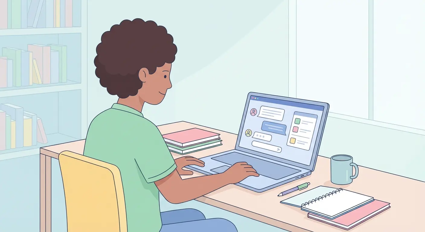 Estudante universitário brasileiro usando ChatGPT no notebook para escrever TCC com normas ABNT em biblioteca