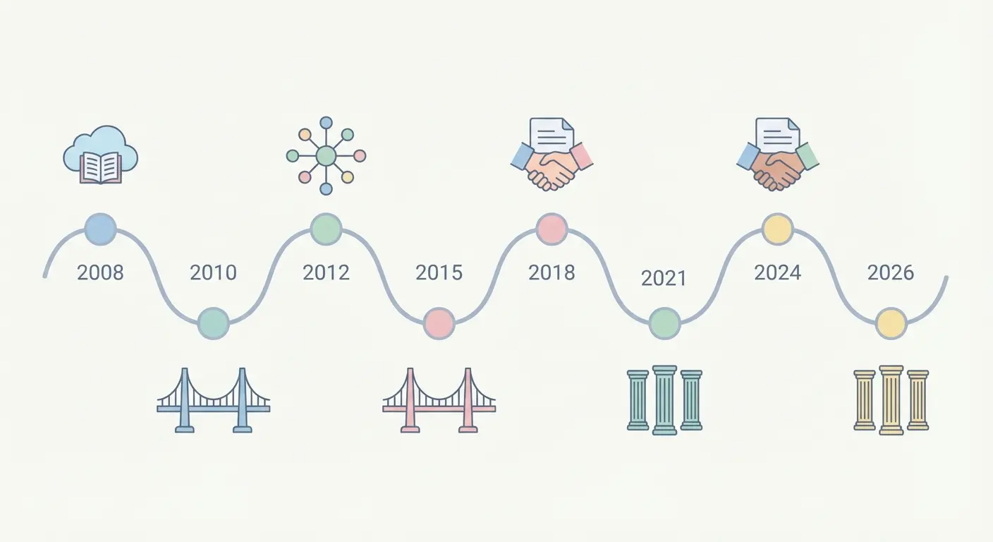 Linha do tempo da evolução dos repositórios científicos de acesso aberto em Portugal entre 2008 e 2026