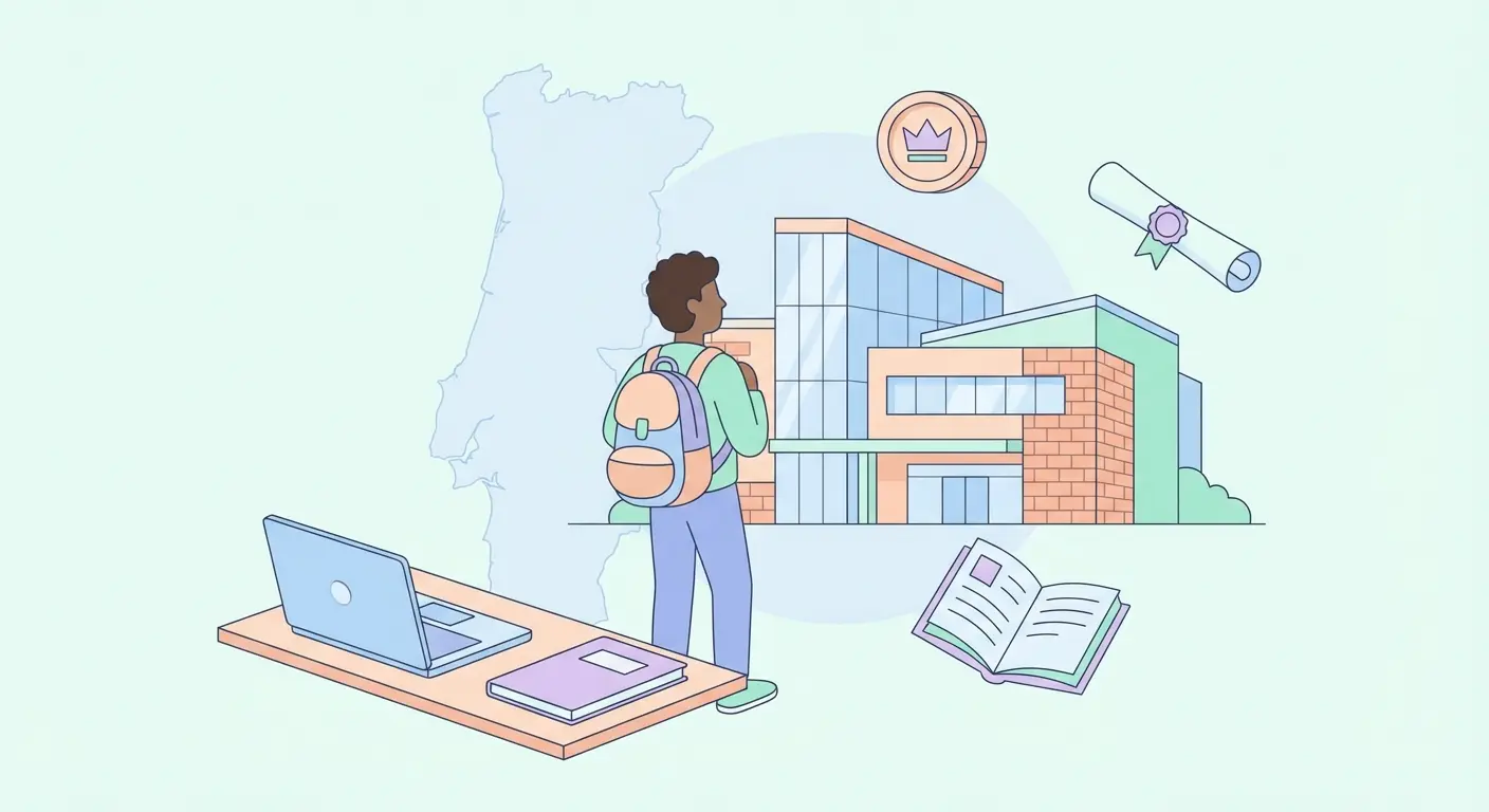 Estudante com mochila em frente a universidade portuguesa a planear candidatura a bolsa de mestrado em Portugal