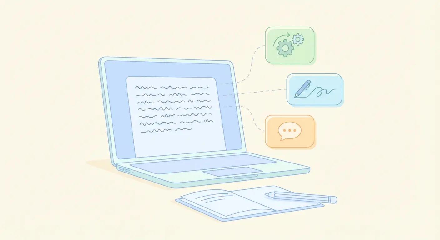 Editor IA do Tesify com sugestões de escrita académica em tempo real: bolhas de assistência IA junto ao texto da tese no ecrã do computador