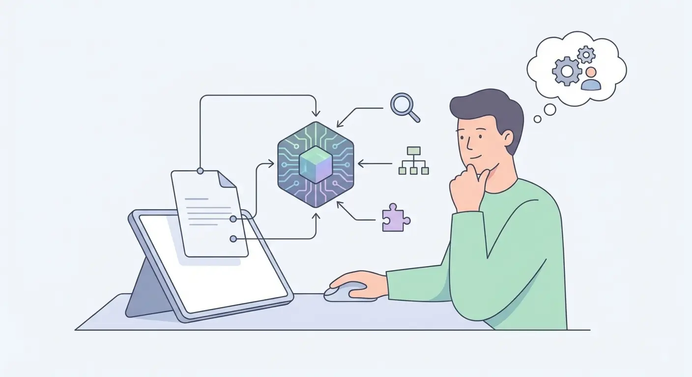 Ilustração do uso ético de inteligência artificial na tese de mestrado, com estudante a rever documento assistido por IA como ferramenta de apoio