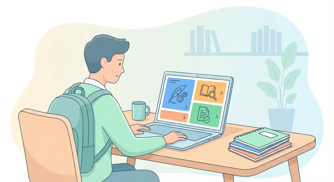 Estudante universitário a usar a plataforma Tesify — IA para escrever tese — no computador, com interface de editor, bibliografia automática e antiplágio visíveis no ecrã