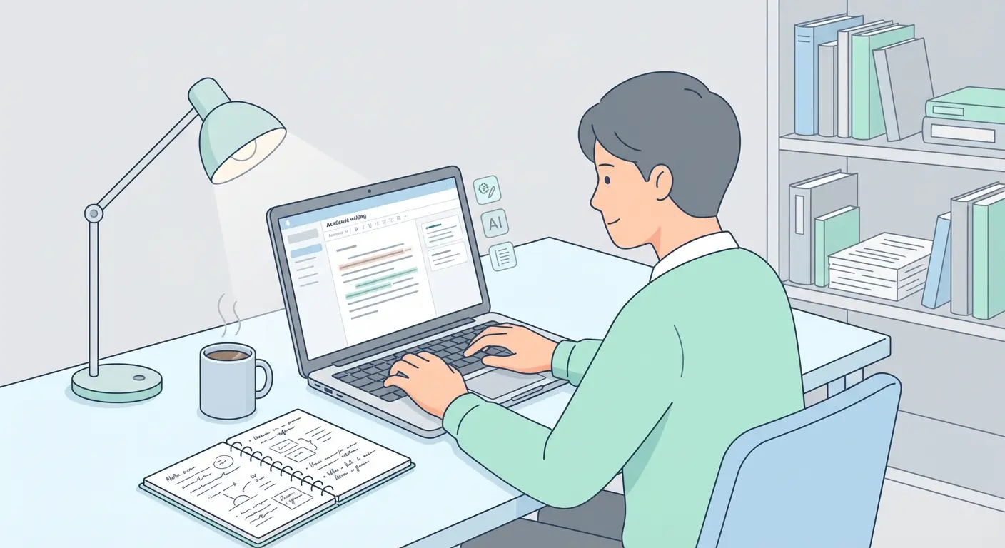 Estudante universitário a escrever tese com inteligência artificial no portátil, com caderno e materiais académicos na mesa
