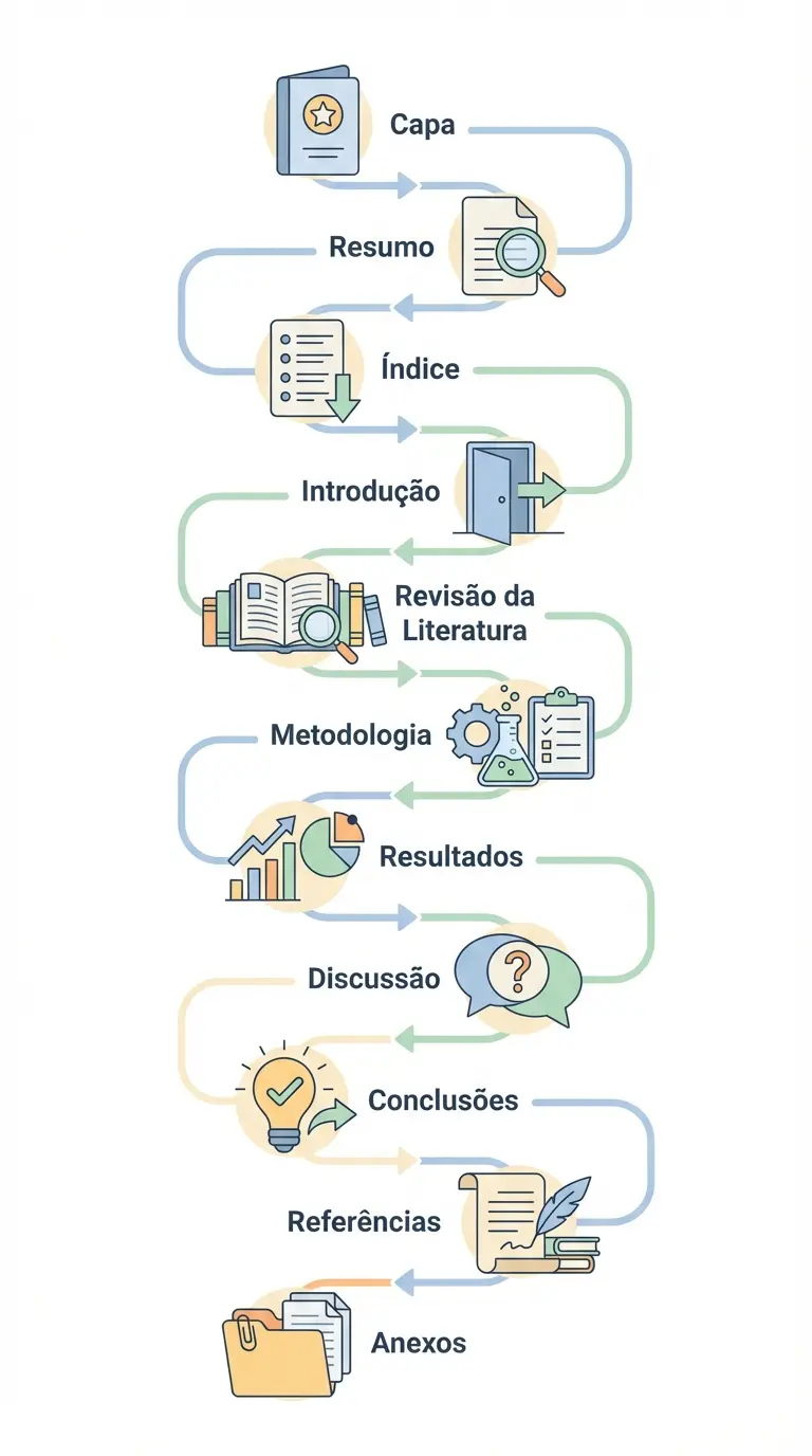 Estrutura de uma tese de mestrado em Portugal — fluxo visual das secções obrigatórias: introdução, revisão da literatura, metodologia, resultados, discussão e conclusões
