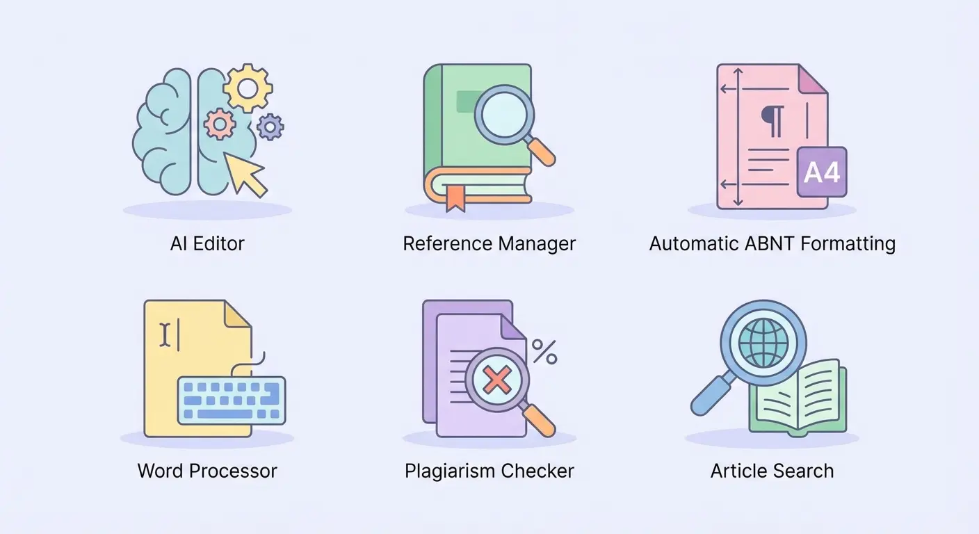 Infográfico com ícones de ferramentas gratuitas para TCC: editor de IA, gerenciador de referências ABNT, verificador de plágio e formatação automática
