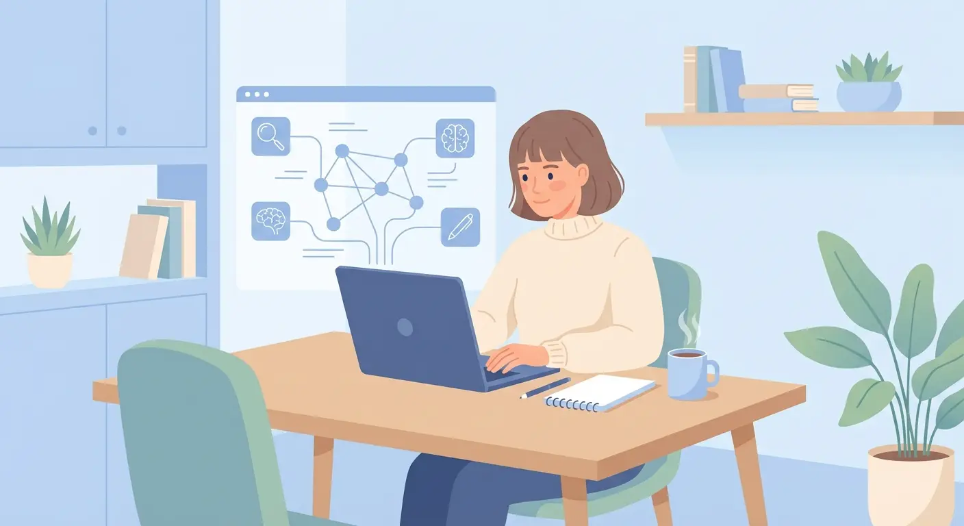 Estudante universitária a escrever tese com ferramenta de inteligência artificial no portátil