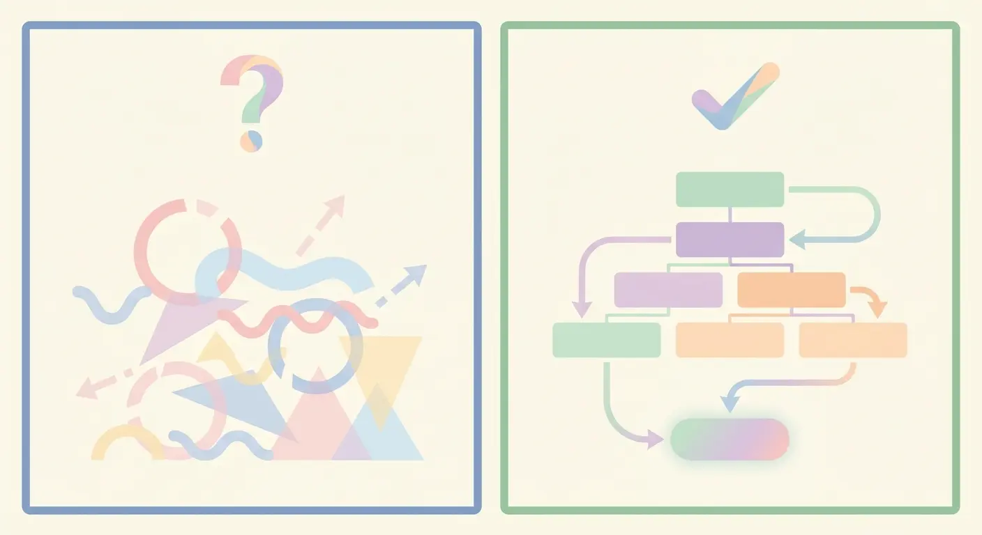 Comparação lado a lado entre uma introdução de tese de mestrado fraca e uma introdução sólida: painel esquerdo com ponto de interrogação a simbolizar vagueza, painel direito com estrutura organizada e visto a simbolizar clareza