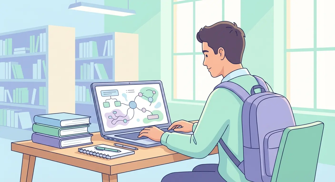 Estudante universitário português a usar IA para tese no portátil em ambiente académico