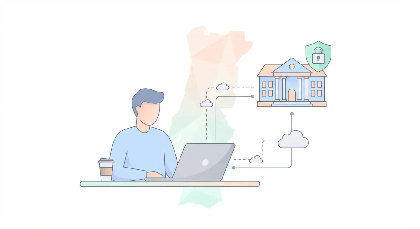 Estudante a aceder ao portal b-on em Portugal através de autenticação institucional — representação do acesso via IP no campus ou proxy fora do campus