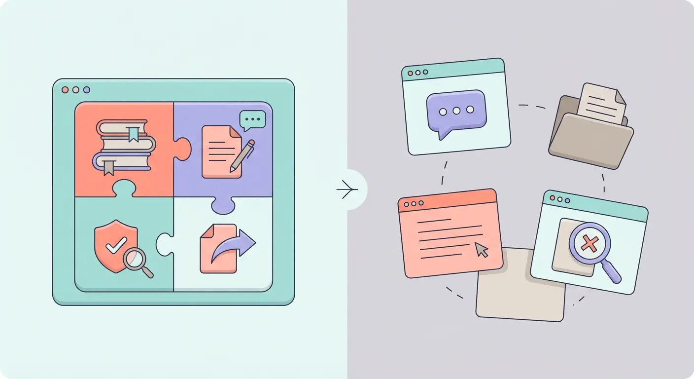 Comparação visual Tesify vs ferramentas genéricas — plataforma integrada versus ferramentas dispersas para escrever tese