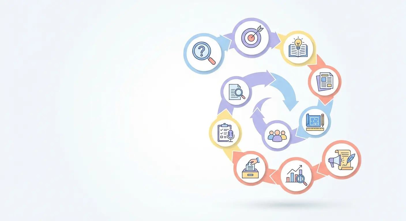 Infografia vetorial representando as 10 etapas do processo de investigação em forma de espiral iterativa, com ícones sequenciais para cada etapa