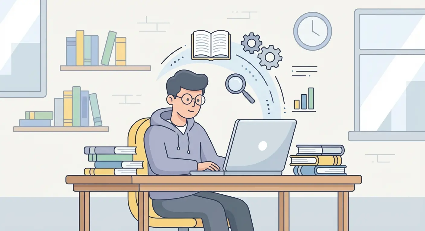 Estudante a fazer revisão de literatura no computador numa biblioteca moderna, com livros e gráficos de pesquisa académica no ecrã